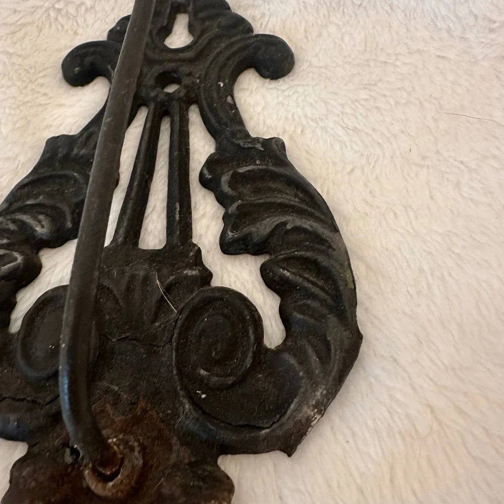 Vintage Lyre Wall Hook Black Cast Iron Victorian Scroll Decor Primitive Rustic
